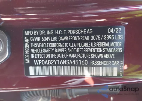 2022 Porsche Taycan 4S из США, поврежденный, VIN WP0AB2Y16NSA45160